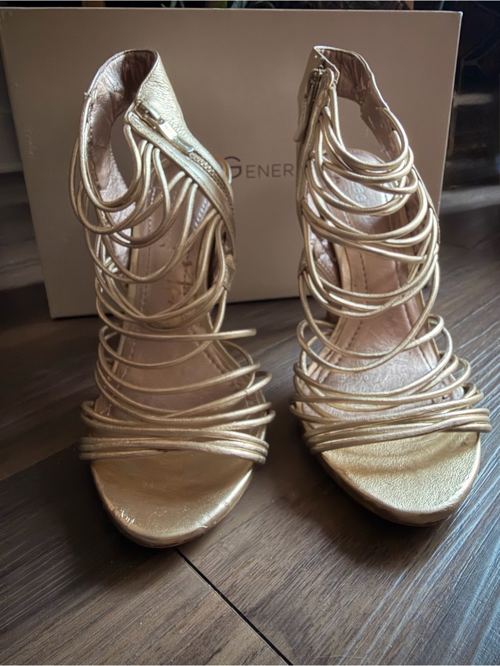 BCBGen Gold Strappy 4" High Heels